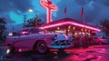 Hyperrealistic retro diner scene with neon sign, 1950s cars, and vibrant colors at evening