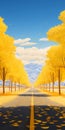 Hyperrealistic Road Illustration With Yellow Trees And Mystical Landscapes