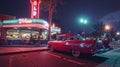 Hyperrealistic 1950s diner at night with neon sign, vibrant colors, and vintage cars