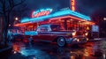 Hyperrealistic 1950s diner scene with neon glow, classic cars, vibrant colors, detailed imagery