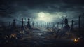 hyperrealistic, spooky scary graveyard, zombie, halloween background. View of a creepy cemetery during night. Halloween theme