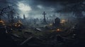 hyperrealistic, spooky scary graveyard, zombie, halloween background. View of a creepy cemetery during night. Halloween theme