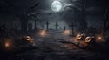 hyperrealistic, spooky scary graveyard, zombie, halloween background. View of a creepy cemetery during night. Halloween theme