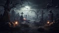 hyperrealistic, spooky scary graveyard, zombie, halloween background. View of a creepy cemetery during night. Halloween theme