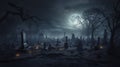 hyperrealistic, spooky scary graveyard, zombie, halloween background. View of a creepy cemetery during night. Halloween theme