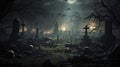 hyperrealistic, spooky scary graveyard, zombie, halloween background. View of a creepy cemetery during night. Halloween theme Royalty Free Stock Photo