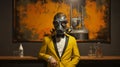 Hyperrealistic Still Life Gas Masked Man In Yellow Suit At Bar