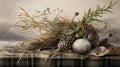 Dynamic Still Life: Painting Of Egg Resting On Leaves