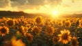 Hyperrealistic sunset sunflower field in depth of field perspective with golden backlit glow Royalty Free Stock Photo