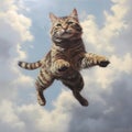 Hyperrealistic Tabby Cat Flying Through The Clouds Painting