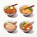 Hyperrealistic Vector Asian Noodle Dishes With Chopsticks And Veggies