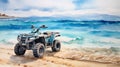 Hyperrealistic Watercolor Illustration Of A Quad Bike On The Beach