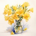 Hyperrealistic Watercolor Illustration Of Yellow Freesia Flowers In A Vase