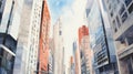 Hyperrealistic Watercolor Painting Of City Buildings In White And Orange