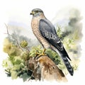 Detailed Watercolor Painting Of Hawk Perched On Rock