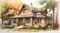 Hyperrealistic Watercolor Painting Of Cozy Cottage With Porch