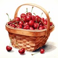 Hyperrealistic Watercolor Portrait Of Cherries In A Basket
