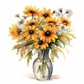 Hyperrealistic Watercolor Of Yellow Daisies And Larkspur In Glass Vase