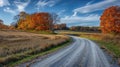 Hyperrealistic wideangle view of colorful autumn countryside with winding road under crisp blue sky