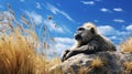 Hyperrealistic Wildlife Portrait: Monkey Relaxing In Grass By The Beach