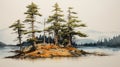 Volcano Sketch: Serene Composition Of Two Pine Trees On An Island