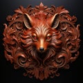 A Hyperrealistic Wood Sculpture Of An Ardent Fox With Carved Floral Pattern