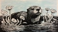 Hyperrealistic Woodcut Of Otter In Water: Bay Area Figurative Art