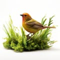Hyperrealistic Yellow Bird Perched On Green Moss Plant Royalty Free Stock Photo