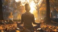 Hyperrealistic yoga session serene participants in city park with soft sunlight and rustling leaves