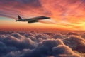 hypersonic jet flying above cloud layer at sunset