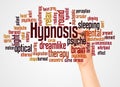 Hypnosis word cloud and hand with marker concept