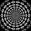 Hypnotic background, optical spiral illusion. Optical Checkered Circle Classic circular Op Art design in black and white color