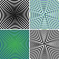 Hypnotic circles set. Collection of psychedelic spiral backgrounds. Abstract hypnosis optical illusion swirls. Vector.