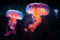 Hypnotic Floating neon jellyfish. Water summer light