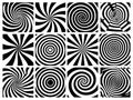 Hypnotic funnels black vector set. Spiral frames round optical narrowing rings vision deception trance circles effects Royalty Free Stock Photo