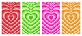 Hypnotic heart shaped tunnel color set. Rainbow retro wallpapper psychedelic 70`s background