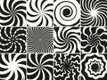 Hypnotic shapes collection. Radial black white abstract spirals, geometric circular swirls vector set