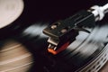 Hypnotic spin of vinyl disc. Timeless cinematic charm of analog music.Audiophile Royalty Free Stock Photo