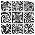 Hypnotic spiral, helix striped set. Optical illusions. Swirl, curve, vortex, twirl, volume, whirlpool. Royalty Free Stock Photo