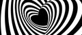 Hypnotic tunnel heart background. Black and white optical illusion pattern. Rotating Heart-shaped op art design for