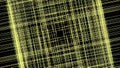 A hypnotic yellow grid spinning on black background. Animation. Abstract four fragments of crossed lines rotating at the