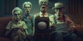 Hypnotised zombie family watching propaganda on tv, concept of Subliminal messaging, created with Generative AI