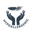 Hypoallergenic tested products logo, label for dermatology safe goods, hands and feather, sensitive skin care