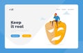 Hypocrisy Landing Page Template. Man Sit on Huge Mask with Smiling and Sad Parts, Cover Face under Masks Hiding Emotions