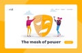 Hypocrisy Landing Page Template. Woman and Character without Face Stand near Huge Mask Separated on Opposite Emotions