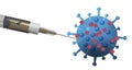 A hypodermic syringe injects vaccine into a magnified Coronavirus