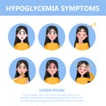 Hypoglycemia symptoms infographic. Low glucose level in blood