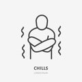 Hypothermia line icon, vector pictogram of person with chills. Man having fever illustration, flu symptom sign for Royalty Free Stock Photo