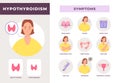 Hypothyroidism disease symptoms infographic with woman character. Underactive thyroid gland. Endocrine system health Royalty Free Stock Photo