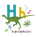 Hypsilophodon. Cute cartoon hand drawn illustration with dinosaur and H letter.